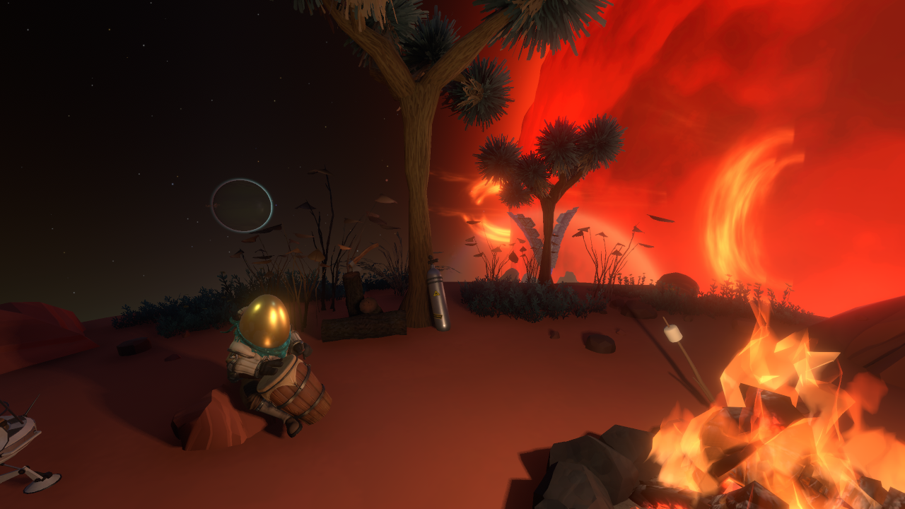 Outer Wilds screenshot. Chert, a tiny figure in a homespun spacesuit with an egg-shaped golden helmet so glossy we cannot see their face, sits around a campfire playing music on a drum. Behind them is space, with the sun looming very large and very red.