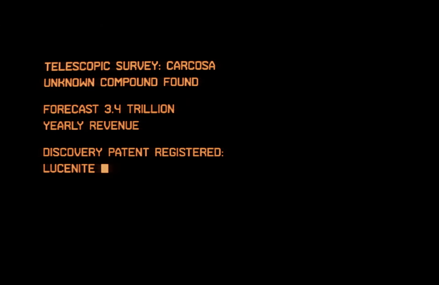 Saros intro screenshot, in all-caps terminal-style orange text on black. Telescopic survey: Carcosa. Unknown compound found. Forecast 3.4 trillion yearly revenue. Discovery patent registered: Lucenite.