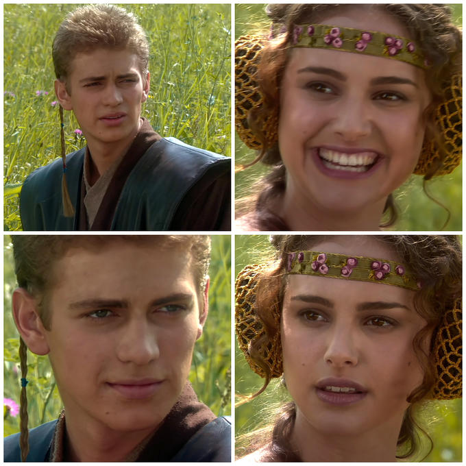 Blank four-panel Anakin and Padme meme template showing a shot / reverse shot sequence of Anakin staring forward as Padme's face goes from a broad smile to a concerned expression.
