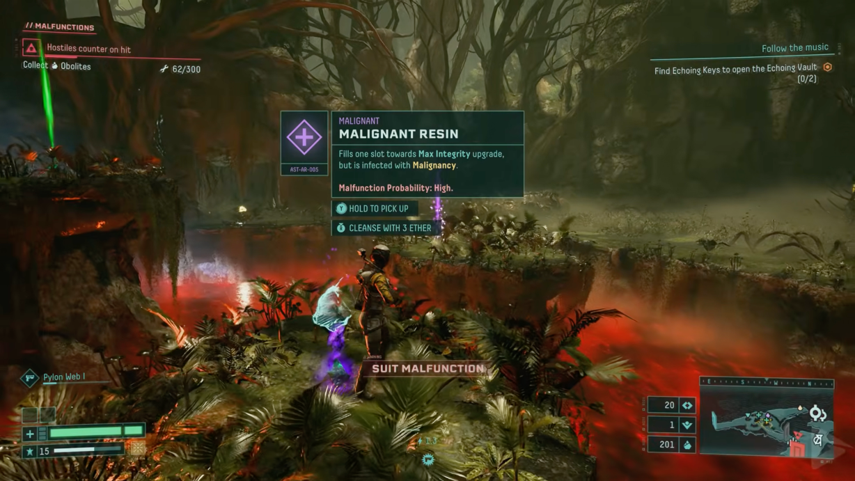 Returnal gameplay screenshot, showing a person in a sci-fi suit exploring a cloudy green forest, on grassy platforms separated by an ominous glowing red floor. In the top left is a UI element showing Malfunctions, the sole entry states 'Hostiles counter on hit', with the clear condition 'Collect obolites - 62/300'. In the middle of the screen is an item pickup for Malignant Resin: 'Fills one slot towards Max Integrity upgrade, but is infected with Malignancy. Malfunction Probability: High'. Prompts offer to either hold Y to pick it up, or press the right stick to cleanse it by using 3 ether.