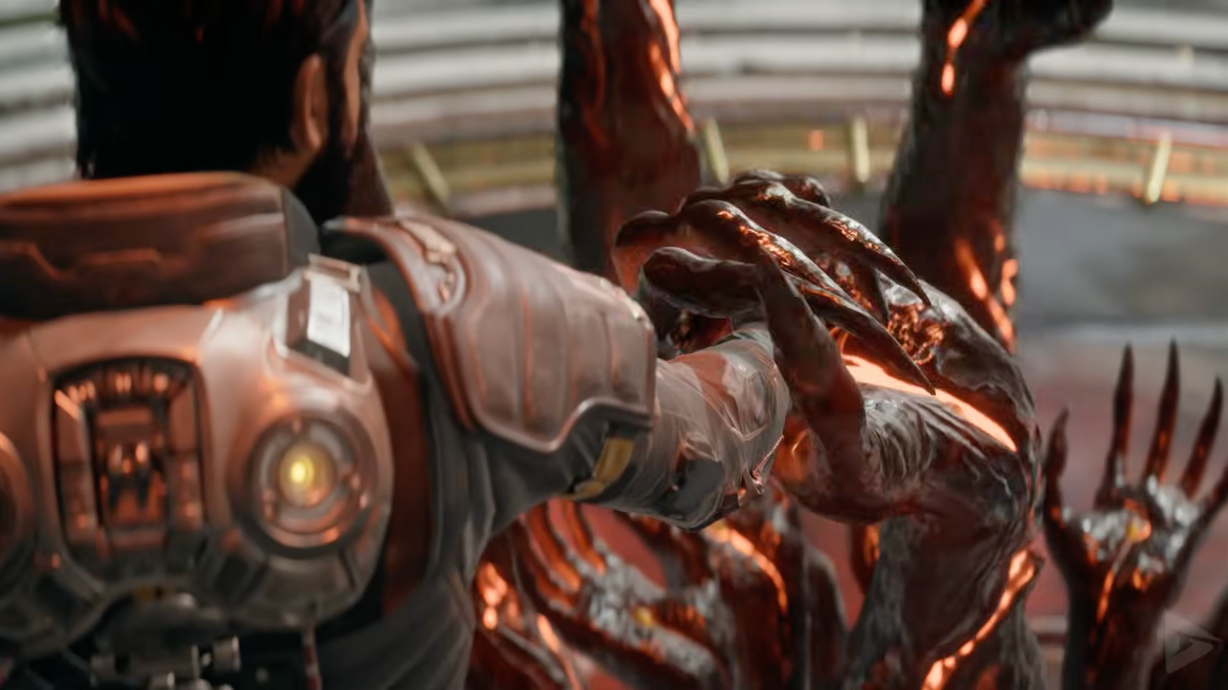 Saros eclipse cutscene screenshot, showing Arjun - a South Indian man with dark brown skin and black hair - from behind, his hand being grabbed by one of many very large hands jutting out from the floor. Those hands and the arms they are attached too are glowing with inner fire and have wrinkled burned-out skin, with claw-like fingers.